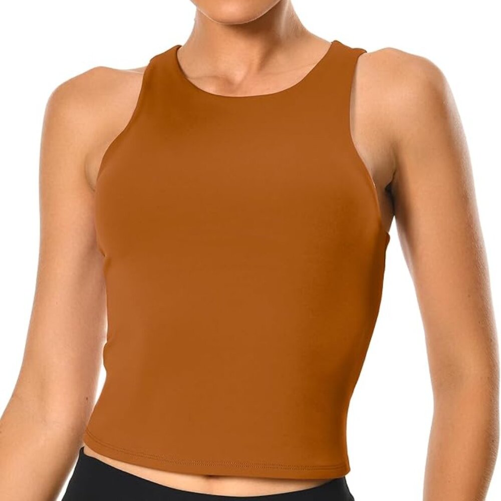 Women's High Neck Tank Tops Body Contour Sleeveless Crop Double Lined Yoga Shirt